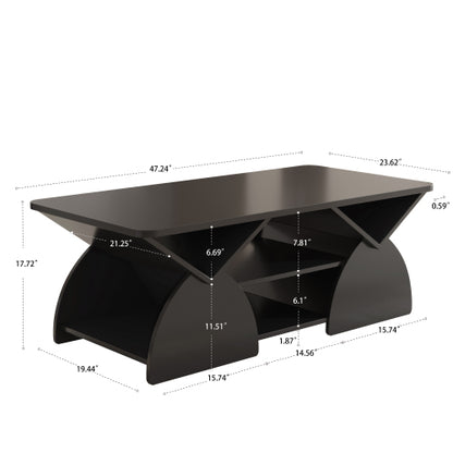 Modern Rectangular Coffee Table with Storage Shelves Engineered Wood Black