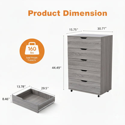 Gray 5-Drawer Dresser with Wheels – Modern Storage Cabinet