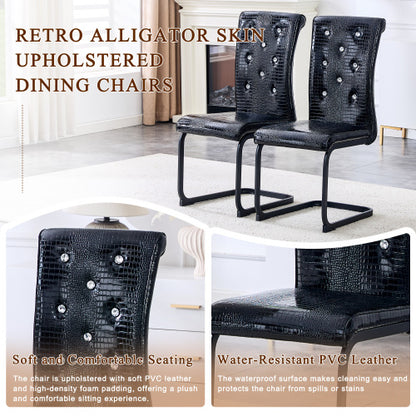 Set of 2 Retro Alligator Skin PVC Dining Chairs, Crystal Buckle Chairs with Black Powder Coated Metal Bow Legs