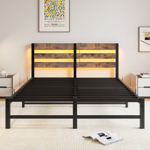 Queen Size  Metal Bed Frame with Wooden Headboard, RGB Lights,Charger, Storage Shelf, Noise-Free, No Box Spring Needed,Rustic Brown