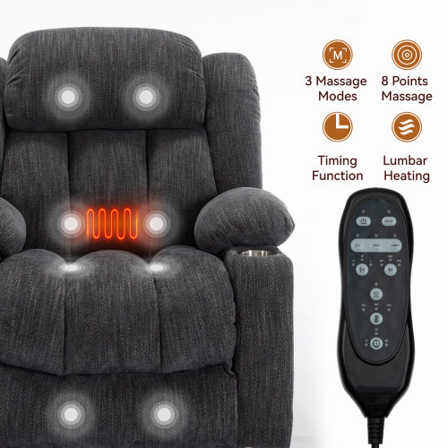 Up to 350 LBS Chenille Power Lift Recliner Chair, Heavy Duty Motion Mechanism with 8-Point Vibration Massage and Lumbar Heating, USB and Type-C Ports, Stainless Steel Cup Holders, Grey