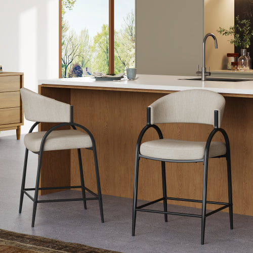 25inch  Seat Height Modern Fabric Bar Stools with Back, Black Metal Frame, Comfortable Counter Stools for Kitchen Island/Dining Room, Set of 2 (Beige)
