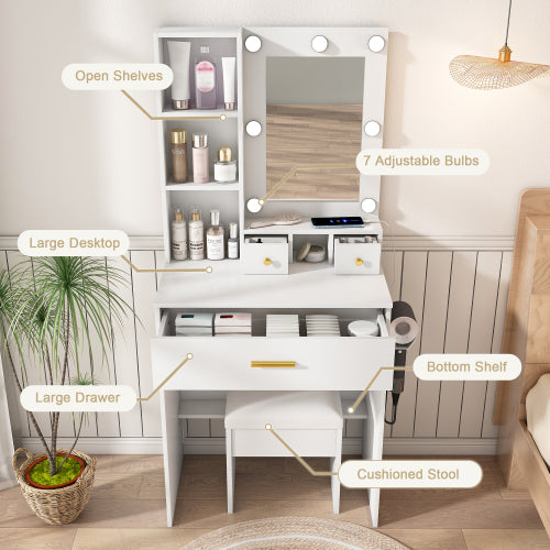 Vanity Table with Mirror & Adjustable LED Lights, Power Outlet, Hairdryer Holder & Stool ¨C Compact Dressing Desk for Small Bedrooms(White)