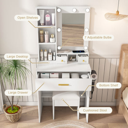 Vanity Table with Mirror & Adjustable LED Lights, Power Outlet, Hairdryer Holder & Stool ¨C Compact Dressing Desk for Small Bedrooms(White)