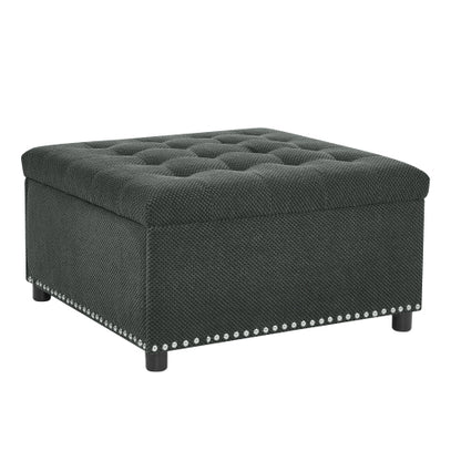 Dark Grey Tufted Square Storage Ottoman with Nailhead Trim, Upholstered Footstool for Living Room & Bedroom