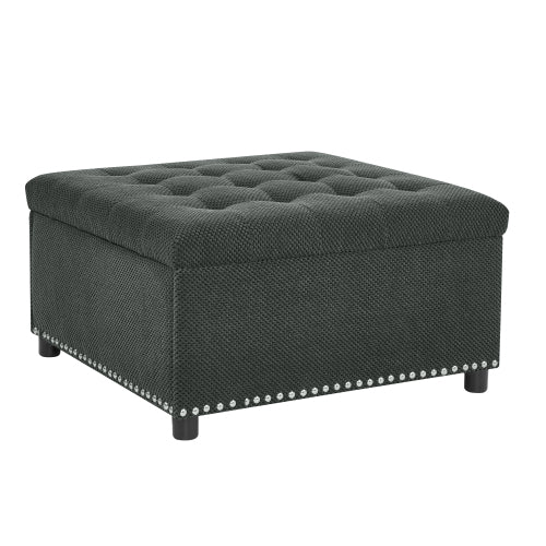 Dark Grey Tufted Square Storage Ottoman with Nailhead Trim, Upholstered Footstool for Living Room & Bedroom