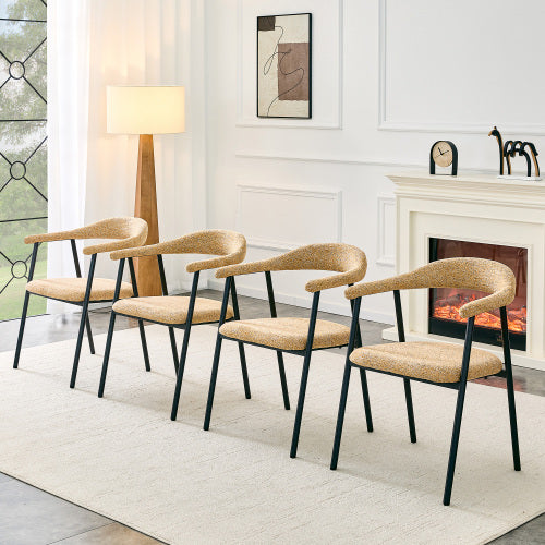 Fabric Upholstered Dining Chairs with Black Metal Legs, Set of 4, Light Khaki