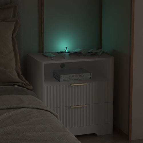 Smart Wooden Nightstand, Voice Control Night Light & Multi-Port Charging Station