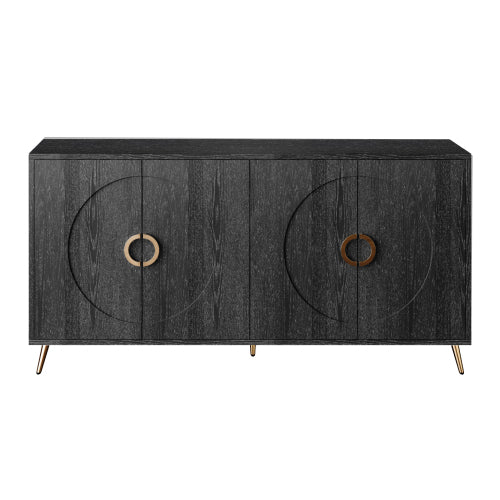 Distressed Black Modern Lacquered 4-Door Wooden Sideboard MDF Metal Leg Adjustable Shelf Home Storage Cabinet