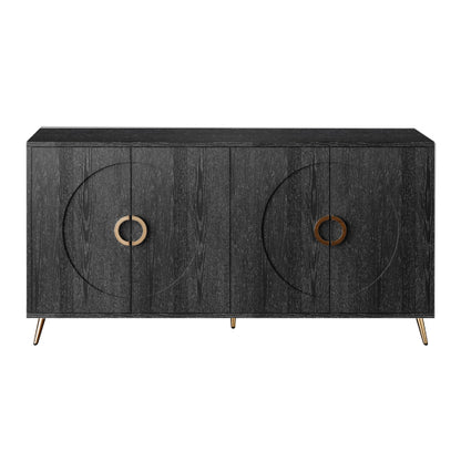 Distressed Black Modern Lacquered 4-Door Wooden Sideboard MDF Metal Leg Adjustable Shelf Home Storage Cabinet