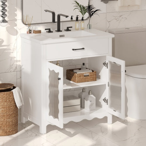 31" Bathroom Vanity with Tempered Glass, Modern Bathroom Cabinet with Rubber Wood legs and Soft close Doors, White