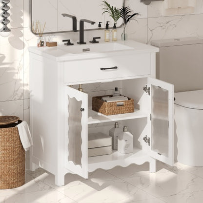 31" Bathroom Vanity with Tempered Glass, Modern Bathroom Cabinet with Rubber Wood legs and Soft close Doors, White