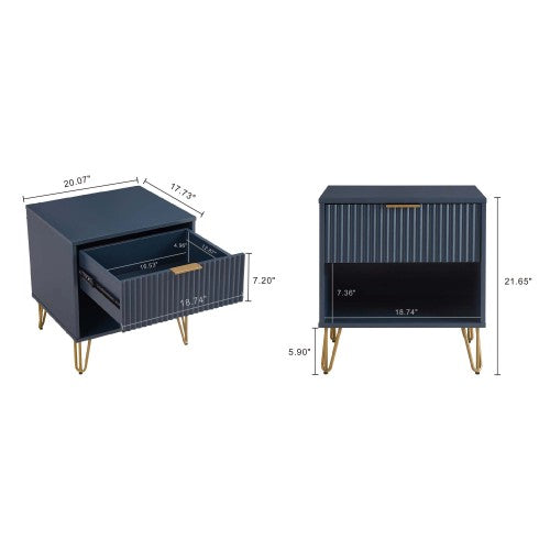 Midnight Blue Glam Nightstand with Tool-Free Assembly