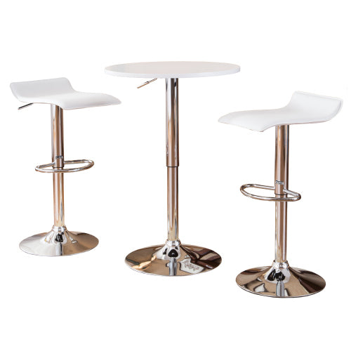 White Adjustable Height Wood and Chrome Metal Bar Table and 2 Chrome Air Lift Adjustable Swivel Stools Set