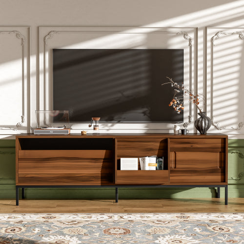 Modern 75 Inch TV Stand with Sliding Doors Walnut Media Console