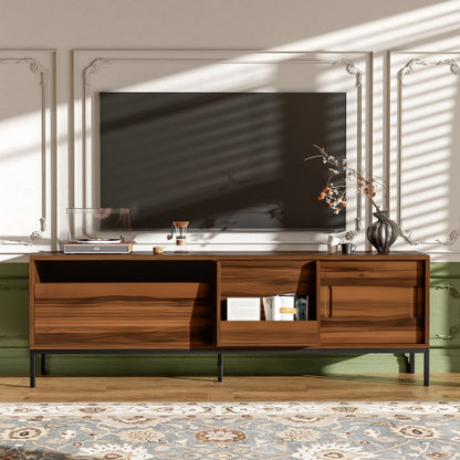 Modern 75 Inch TV Stand with Sliding Doors Walnut Media Console
