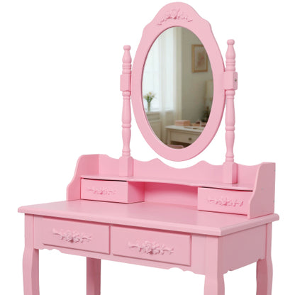 Pink Princess Vanity Desk Set with Mirror & Cushioned Stool, 4-Drawer Wooden Makeup Vanity Table for Girls' Bedroom, Dressing Table with Ample Storage