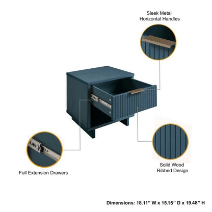 Midnight Blue Ribbed Solid Wood Nightstand