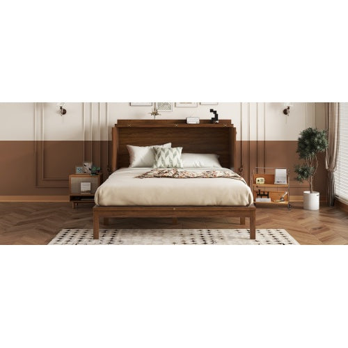 Queen Murphy Cabinet Bed with Charging Station Drawer and Rattan Panels Walnut