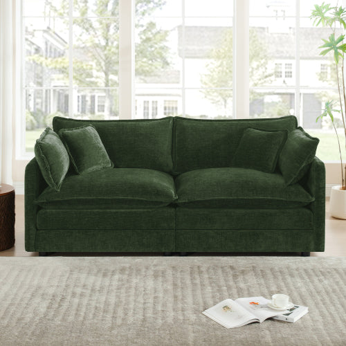 Green Chenille Modern Deep-Seat Loveseat Sofa with 4 Throw Pillows
