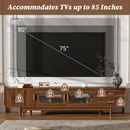 78.7 inch Walnut Fluted Glass Door TV Stand 2 Drawer Media Console Solid Wood Leg For 85 inch TV