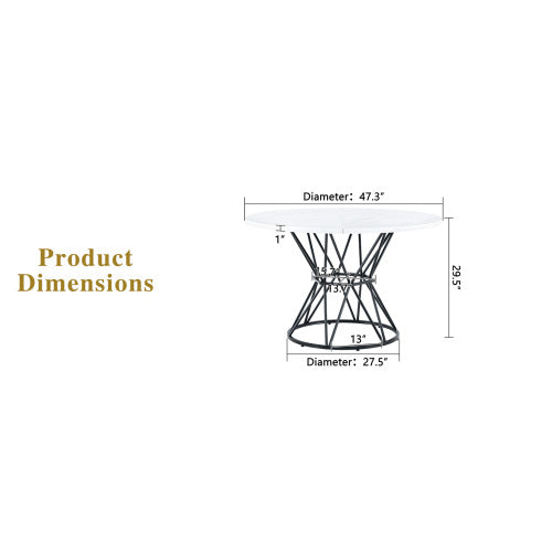 47.3 Inch Marble MDF Round Dining Table, Modern Industrial Hourglass Metal Bracket Table for 4-6 People