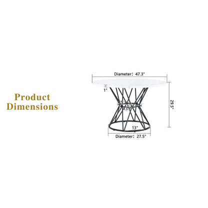 47.3 Inch Marble MDF Round Dining Table, Modern Industrial Hourglass Metal Bracket Table for 4-6 People