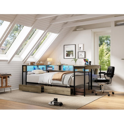 Corner Bed Frame Twin Size with Bookcase and 2 Underbed Storage Drawers, Modern Twin Bed with LED Light and Charging Station, Grey