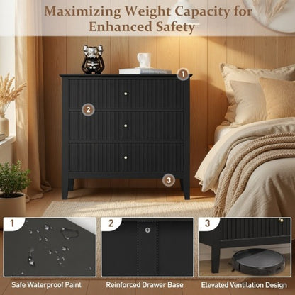 32inch Black Fluted 3-Drawer Nightstand