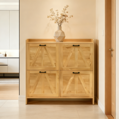 Light Oak Rustic Barn-Door Shoe Cabinet with 4 Flip Drawers, Sleek Space-Saving Entryway Organizer for Living Room