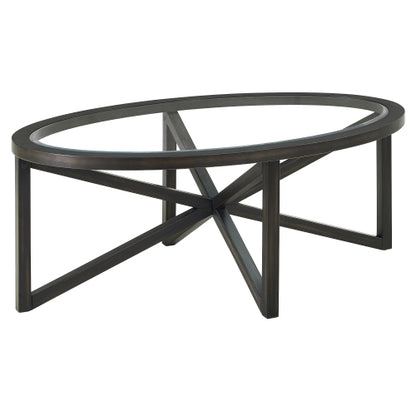 46.5 Inch Round Tempered Glass Coffee Table, Solid Wood Base Anti-Scratch Accent Table for Living Room & Terrace