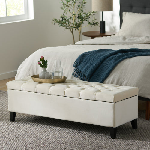 51 inch Beige Diamond Tufted Storage Ottoman Bench, Soft Close Pressure Hinge Upholstered Entryway Footrest