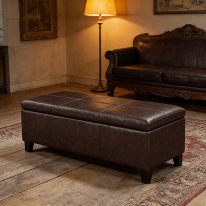 Distressed Brown Vegan Leather Storage Ottoman Bench, 50.25 Inch Assembled Entryway Bench with Safety Hinge