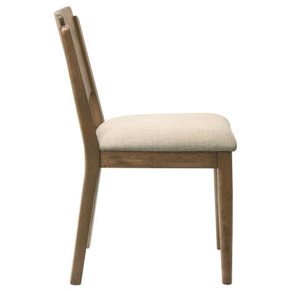 Set of 2 Walnut Finish Dining Side Chairs, Wood Frame Chairs with Wedge Cutout Back & Beige Fabric