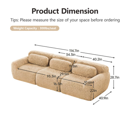 114 inch  Light-Khaki Plush Modular Sectional Sofa, Buckle Connection, No Assembly