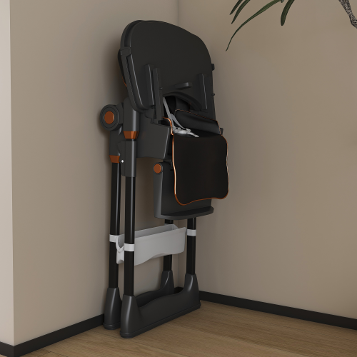 Black Foldable Baby High  Dining  Chair for 0-6 Years, 5 Height Adjustable, 5-Point Safety Belt, Lockable Wheels