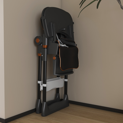 Black Foldable Baby High  Dining  Chair for 0-6 Years, 5 Height Adjustable, 5-Point Safety Belt, Lockable Wheels