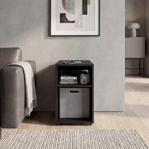 Compact Side Table with Charging Station & 2 Open Shelves
