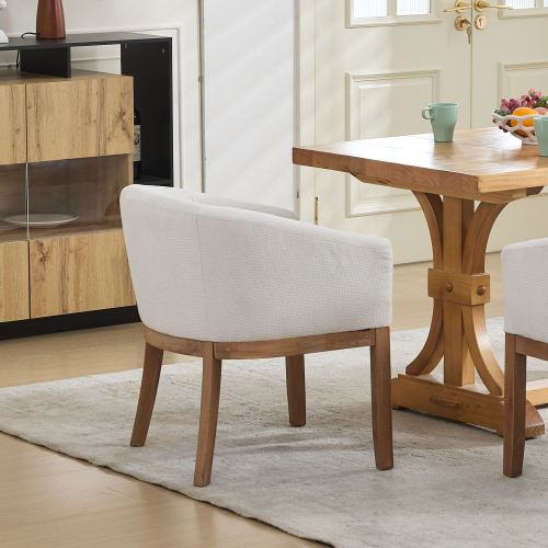 Single Beige Mid-Century Barrel Linen Arm Dining Chair, Farmhouse Style, Natural Rubberwood Frame