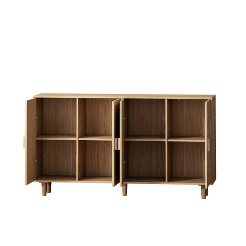 62.2 Inch Natural Rattan Four-Door Storage Cabinet Particle Board Solid Wood Leg Adjustable Shelf Household Sideboard Cabinet