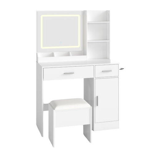 White Makeup Vanity Set with LED Mirror, Charging Station, Stool, 2 Drawers, Open Shelves & Storage Cabinet