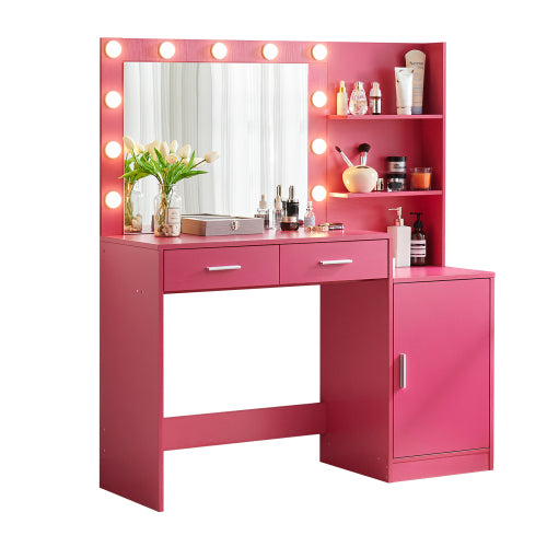 Rose Pink Vanity Desk with Mirror & Lights, 46.4IN Dressing Table, 2 Large Drawers & Vertical Organizer, 3 Lighting Modes