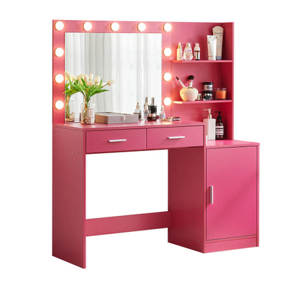 Rose Pink Vanity Desk with Mirror & Lights, 46.4IN Dressing Table, 2 Large Drawers & Vertical Organizer, 3 Lighting Modes