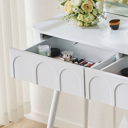 White Modern Vanity Desk Set, Fluted Wave Panel, 3 Color Dimmable LED Mirror, Adjustable Side Cabinet & PU Stool