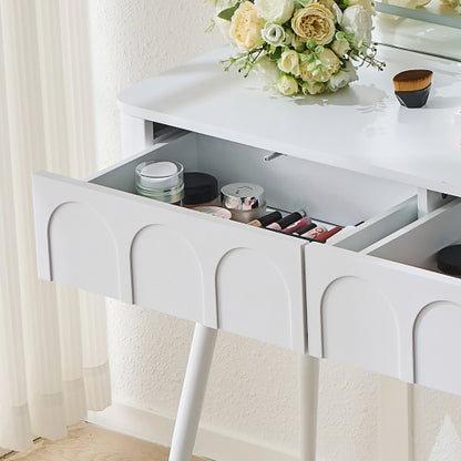 White Modern Vanity Desk Set, Fluted Wave Panel, 3 Color Dimmable LED Mirror, Adjustable Side Cabinet & PU Stool