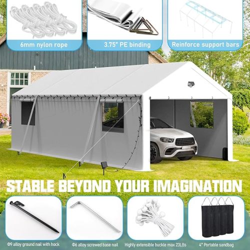 13x25 Carport Canopy, Heavy Duty Car Port, Portable Car Ports Garage with 2 Roll-Up Zipper Drive Through Doors,white