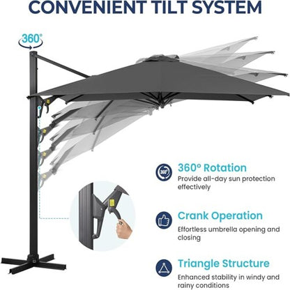 10 Ft Gray Square Large Cantilever Patio Umbrella with 360° Rotation & Tit Adjustment and Heavy Duty Offset Polyester Canopy Deck Umbrella without base.