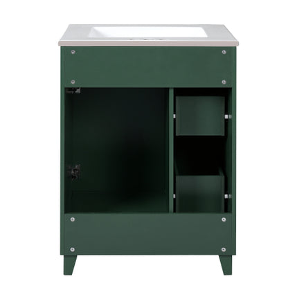 24" Forest Green Bathroom Vanity Cabinet with Ceramic Sink, 2 Drawers, 1 Soft-Close Door
