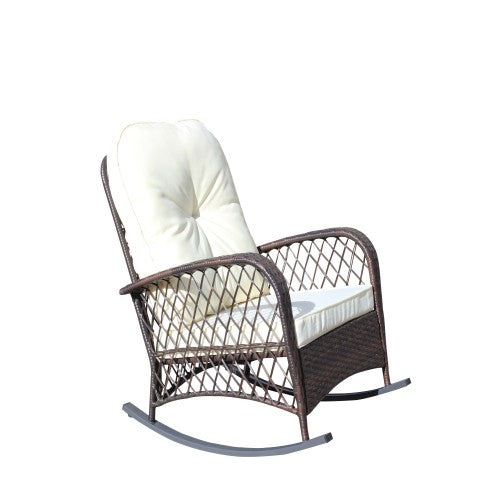 Outdoor Wicker Rocking Chair with Wide Seat, Thick, Soft Cushion, Rattan Rocker w/Steel Frame, High Weight Capacity for Patio, Garden, Backyard, Beige Cushion