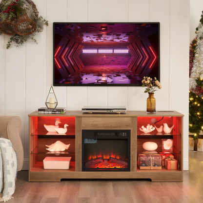 58 Inch Oak Electric Fireplace TV Stand Bluetooth RGB LED Light Media Console with Built-In Power Outlet for 65 Inch TV